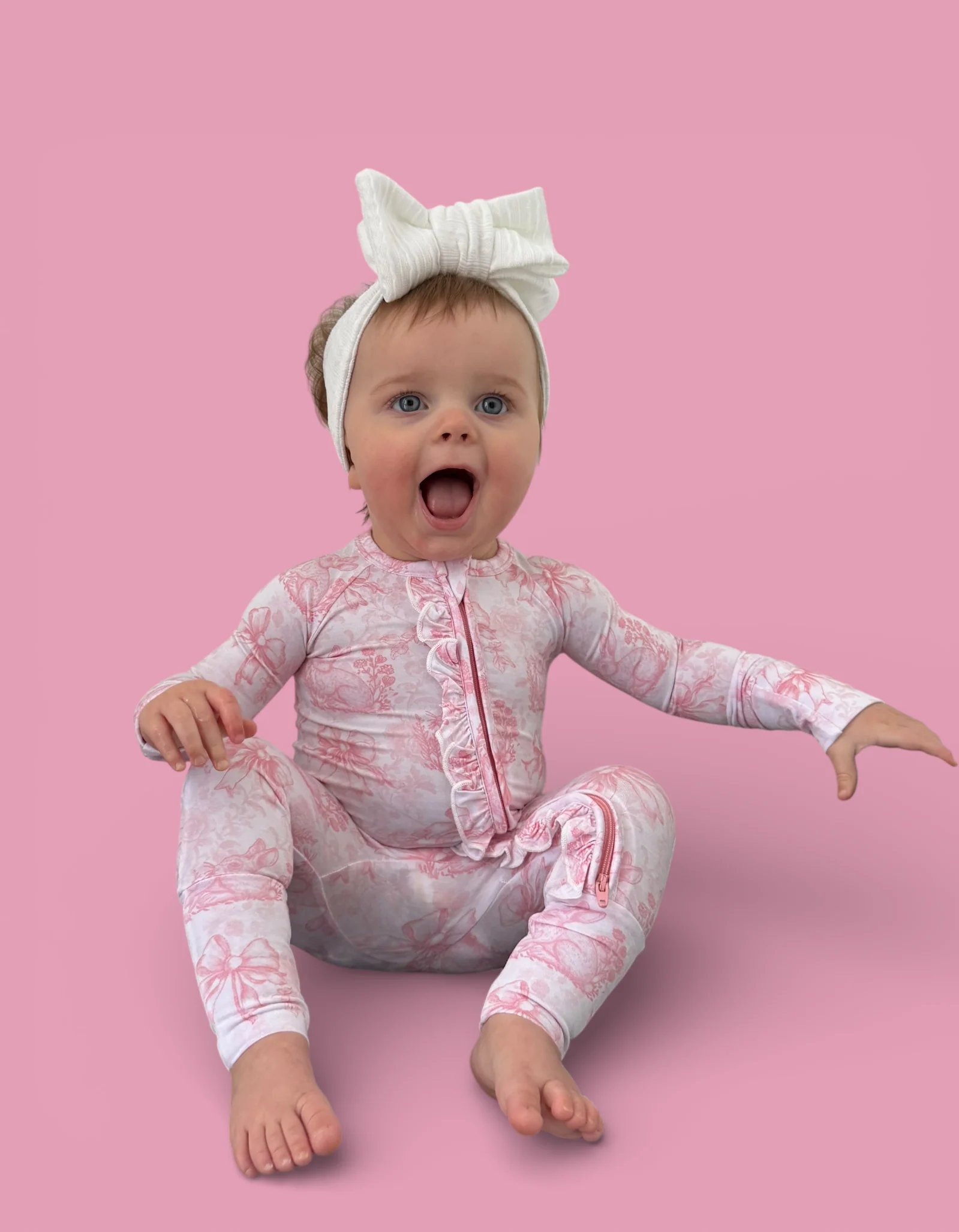 BLUSH BUNNY TOILE DREAM RUFFLE ROMPER - Image 14