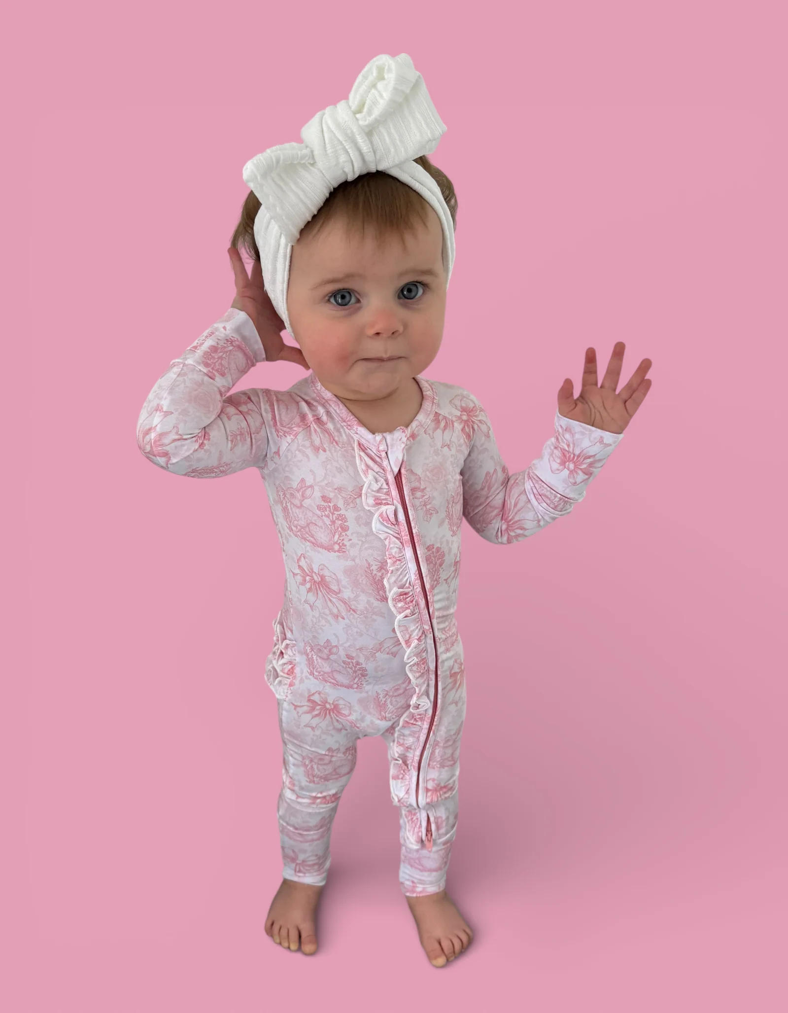 BLUSH BUNNY TOILE DREAM RUFFLE ROMPER - Image 17