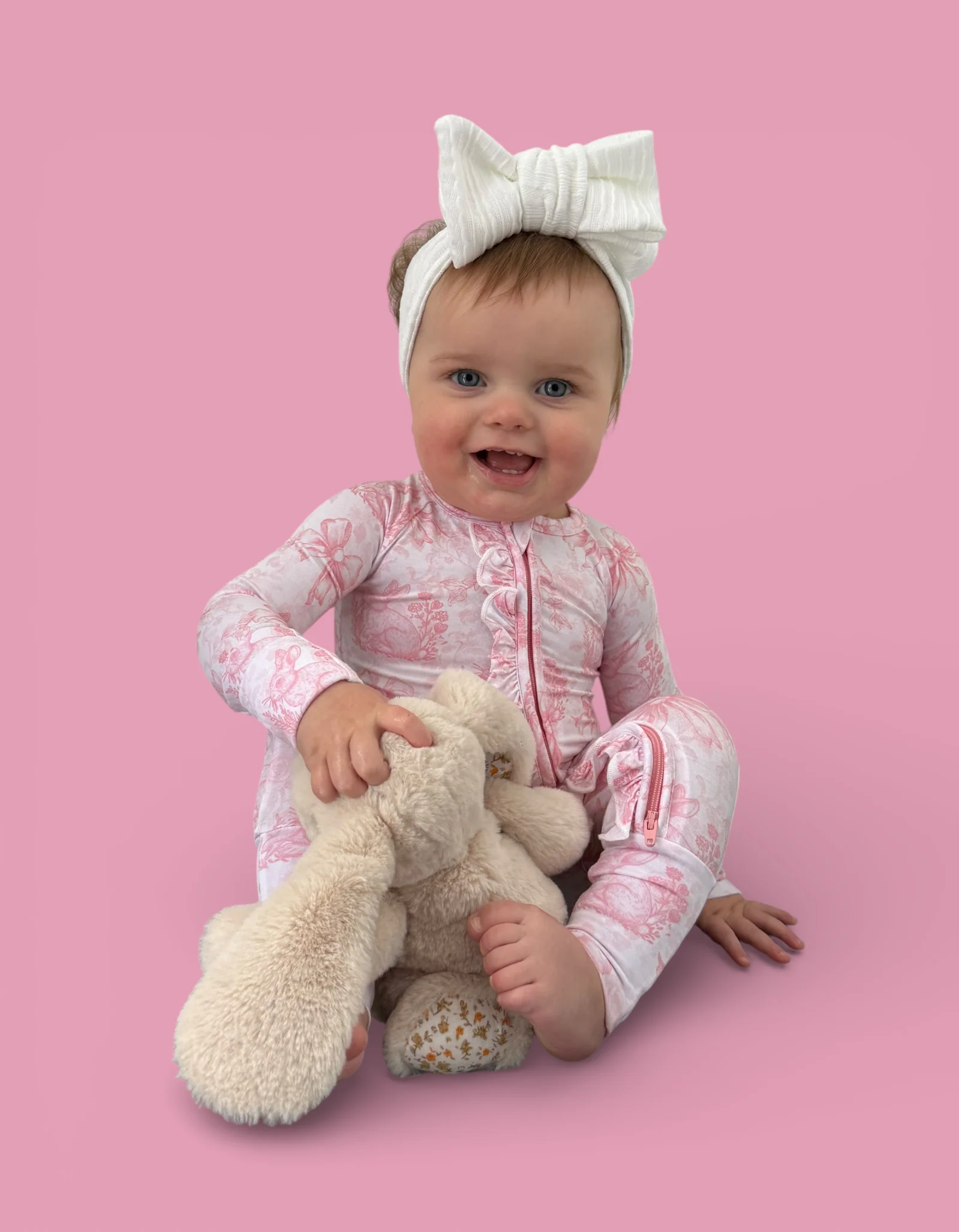 BLUSH BUNNY TOILE DREAM RUFFLE ROMPER - Image 3