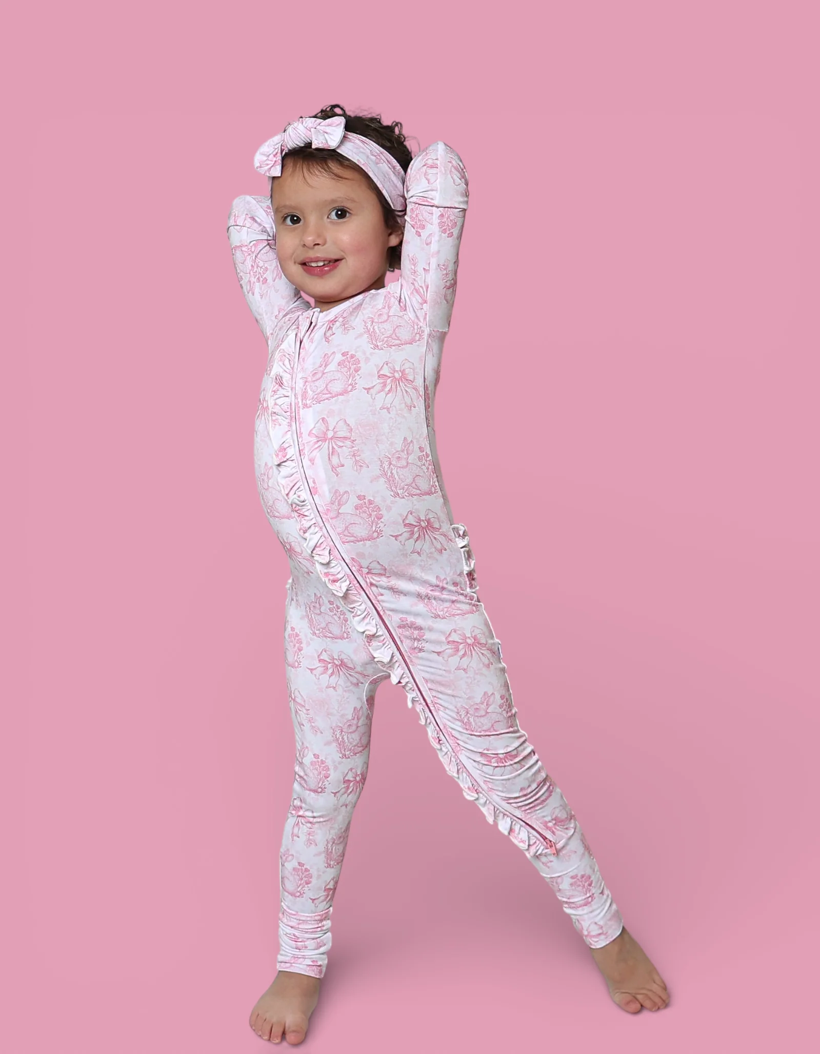 BLUSH BUNNY TOILE DREAM RUFFLE ROMPER - Image 4