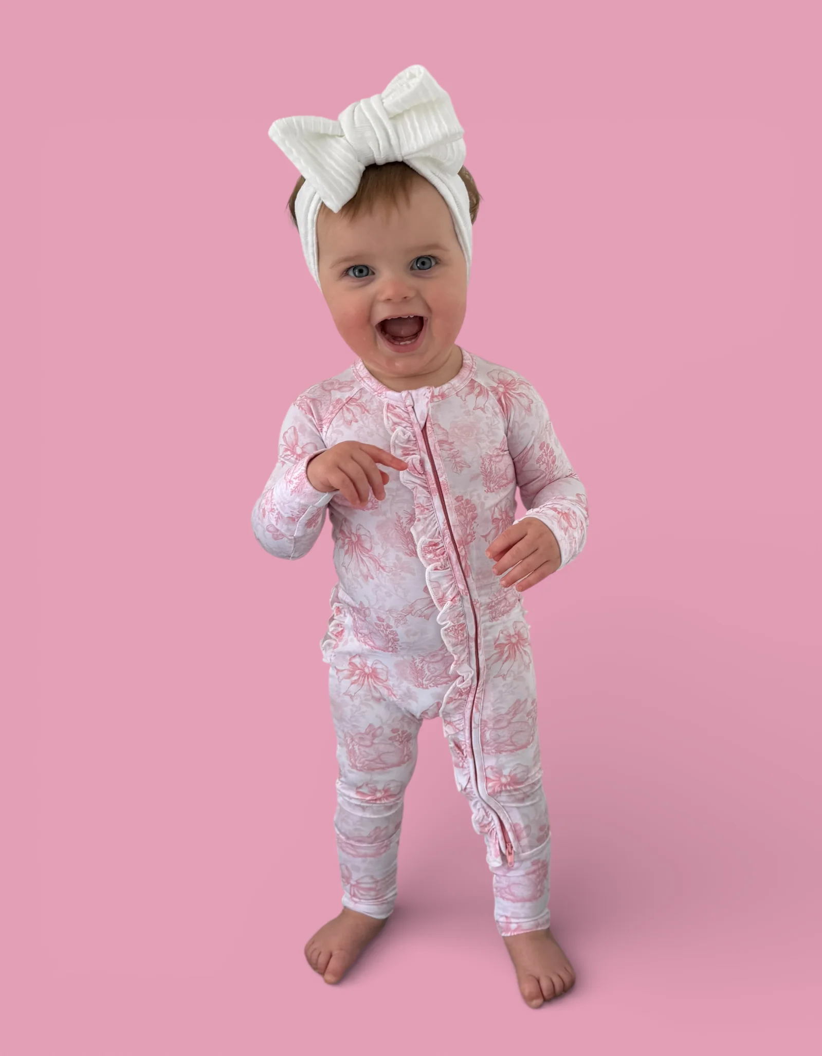 BLUSH BUNNY TOILE DREAM RUFFLE ROMPER - Image 5
