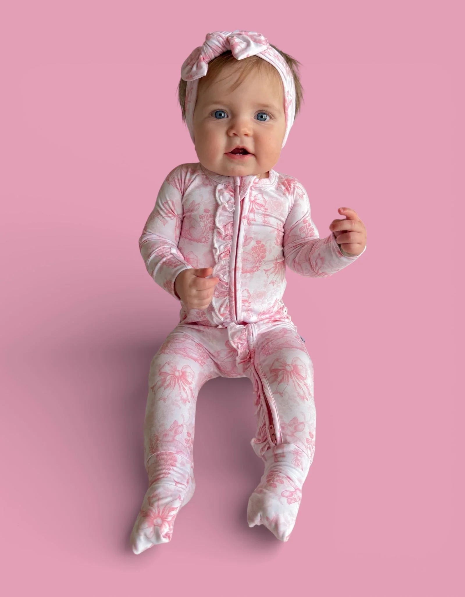 BLUSH BUNNY TOILE DREAM RUFFLE ROMPER - Image 6