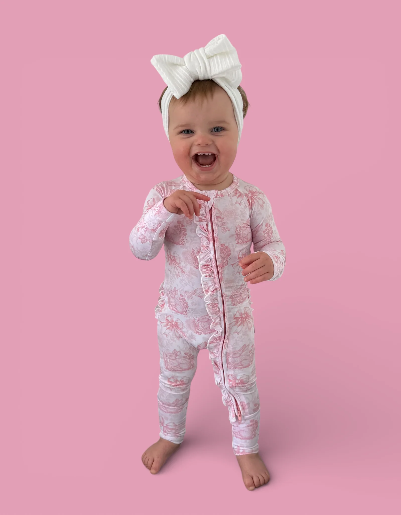 BLUSH BUNNY TOILE DREAM RUFFLE ROMPER - Image 9