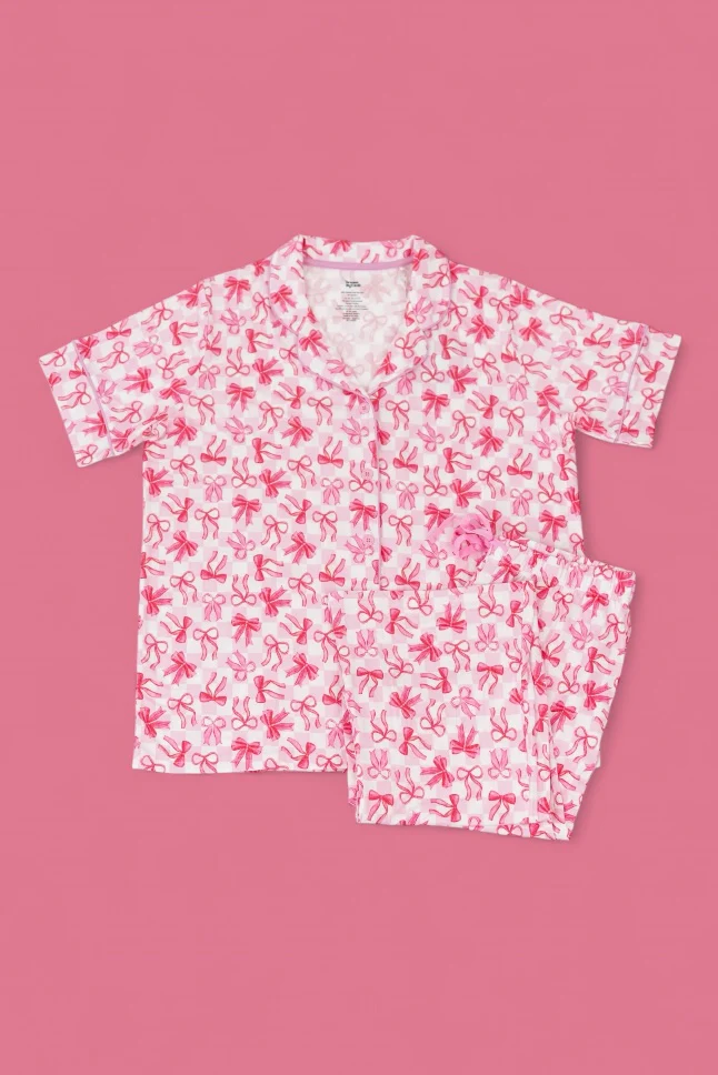 BOW CHECKERED CHARM SHORT SLEEVE WOMEN’S RELAXED FLARE DREAM SET - Image 2