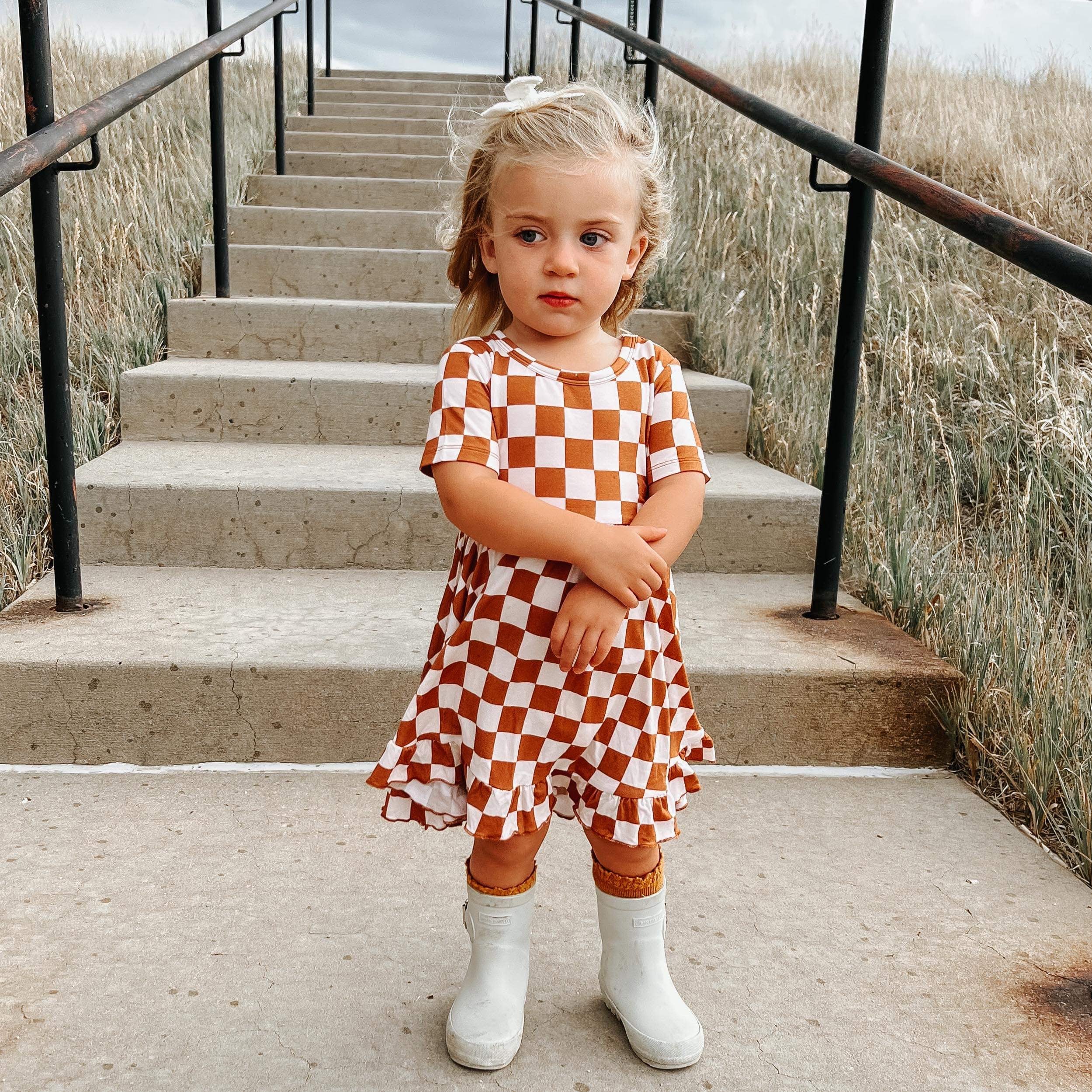COPPER CHECKERS DREAM RUFFLE DRESS - Image 6