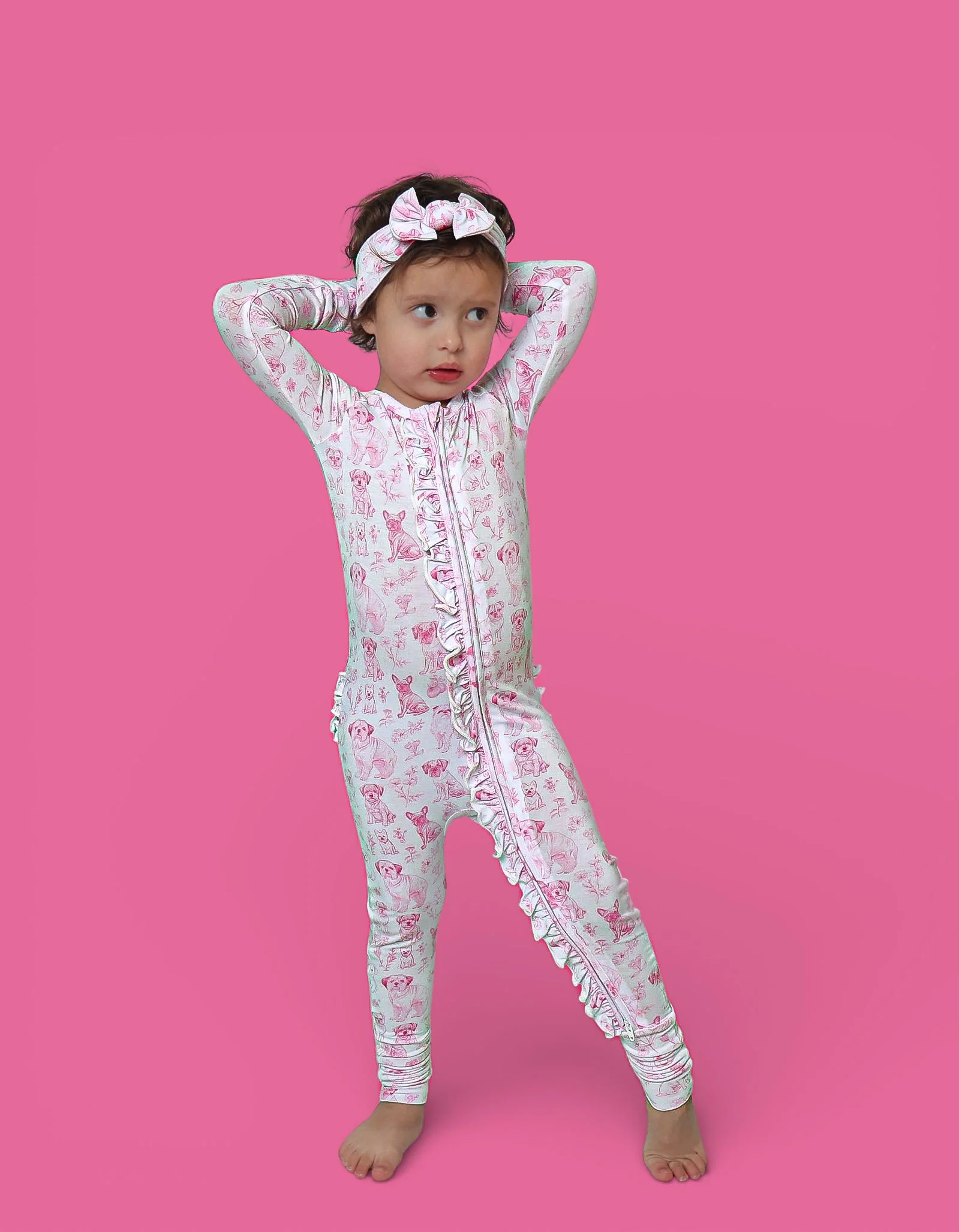 PINK PUPPY TOILE DREAM RUFFLE ROMPER - Image 2