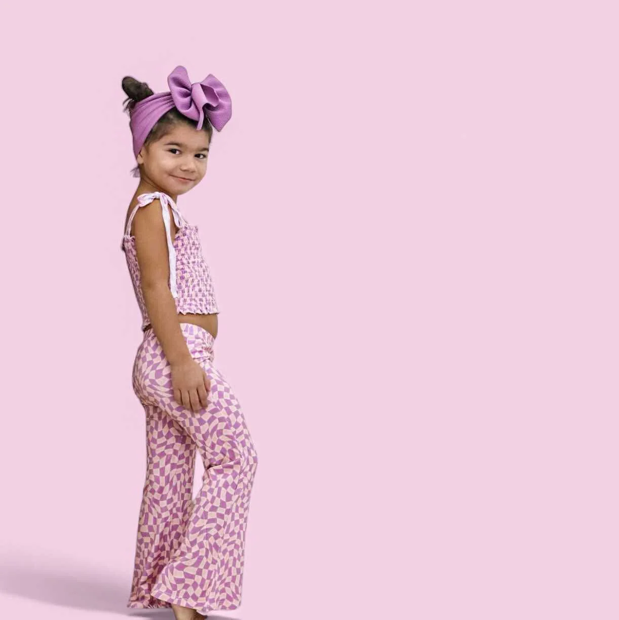 PLUM WAVY CHECKERS DREAM SMOCKED FLARE SET - Image 10