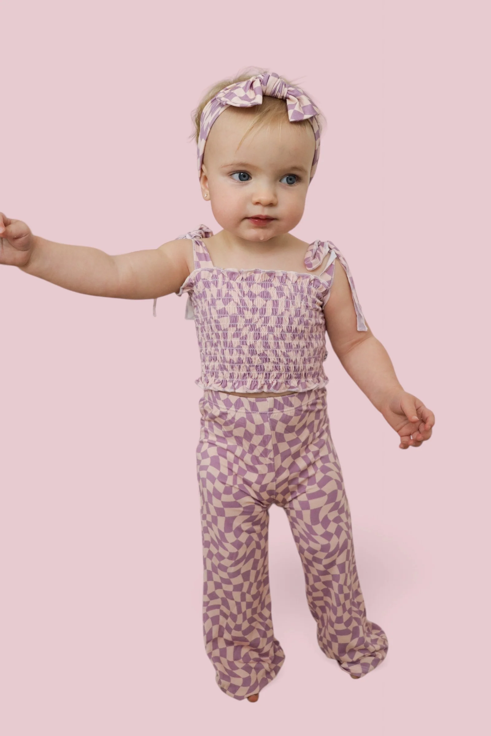 PLUM WAVY CHECKERS DREAM SMOCKED FLARE SET - Image 14