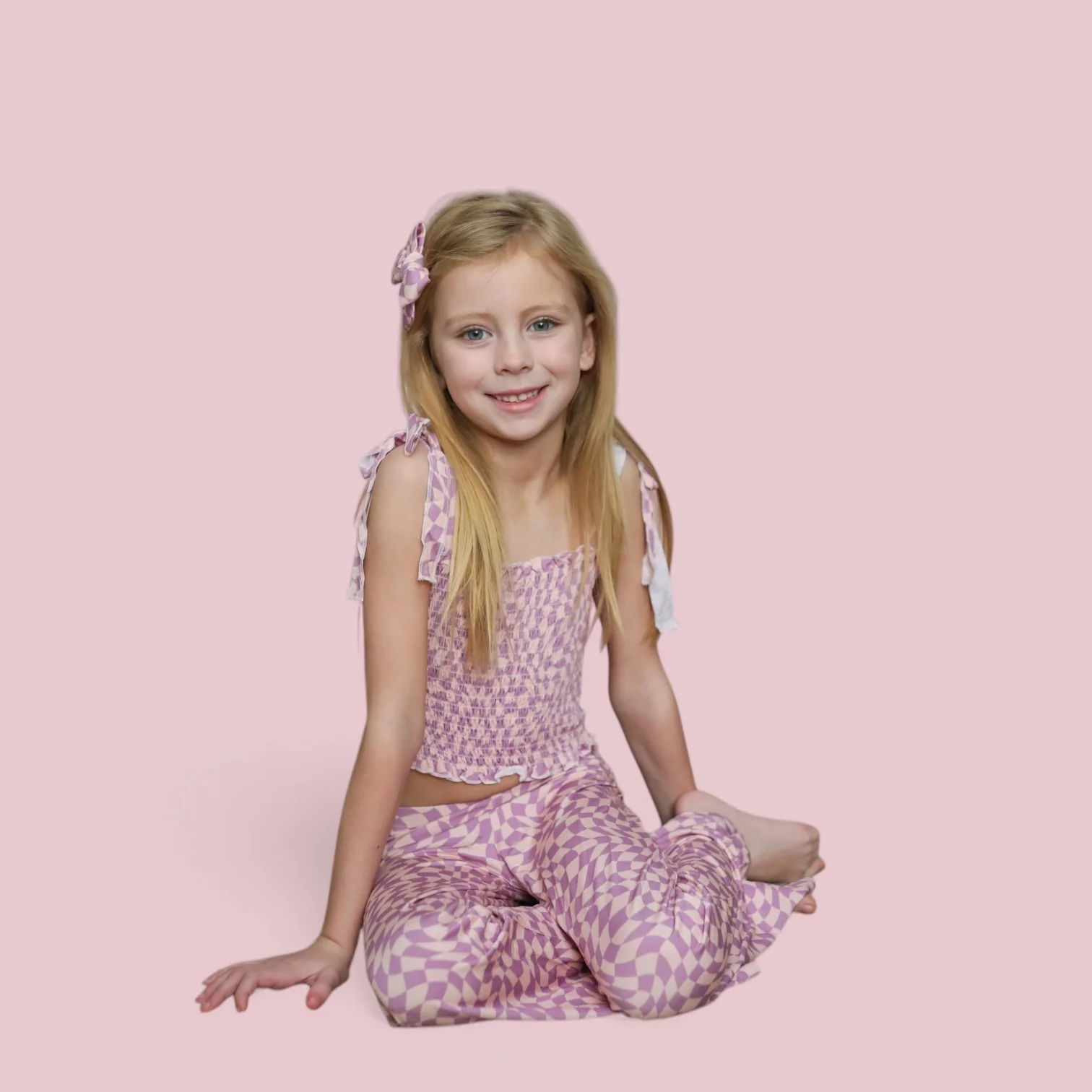 PLUM WAVY CHECKERS DREAM SMOCKED FLARE SET - Image 17