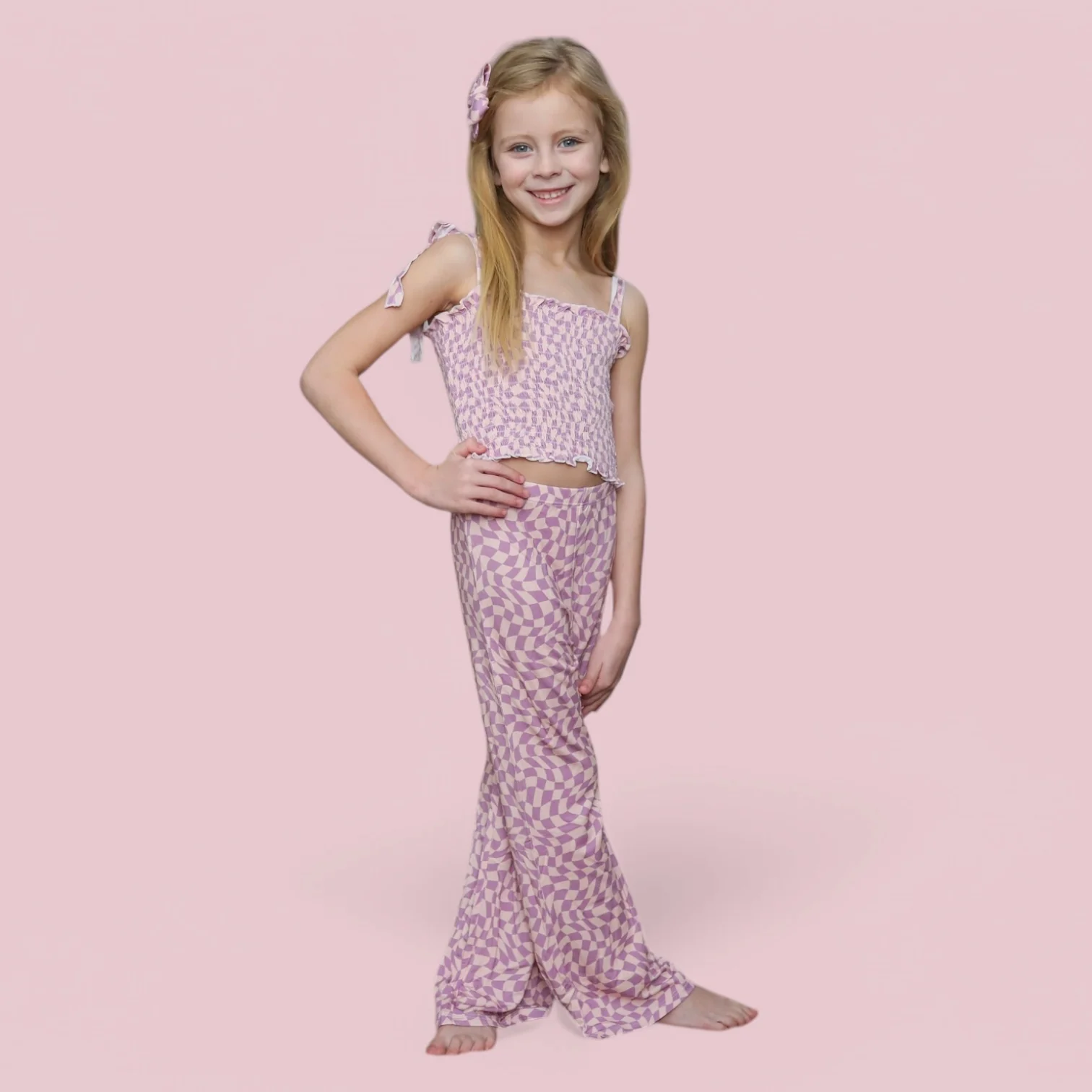 PLUM WAVY CHECKERS DREAM SMOCKED FLARE SET - Image 18