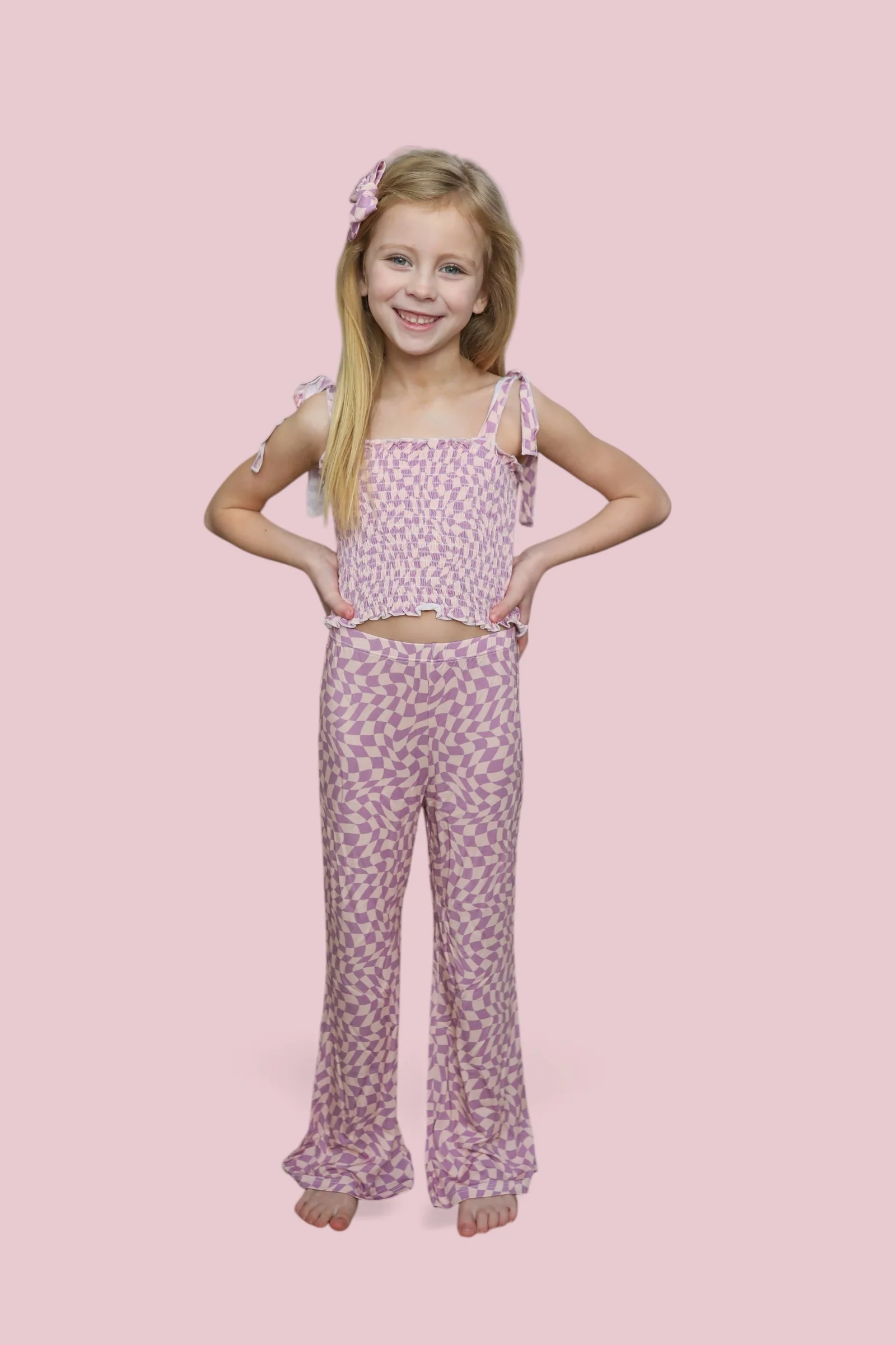 PLUM WAVY CHECKERS DREAM SMOCKED FLARE SET - Image 21