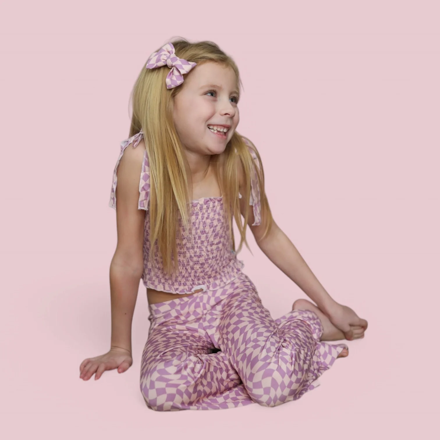PLUM WAVY CHECKERS DREAM SMOCKED FLARE SET - Image 22