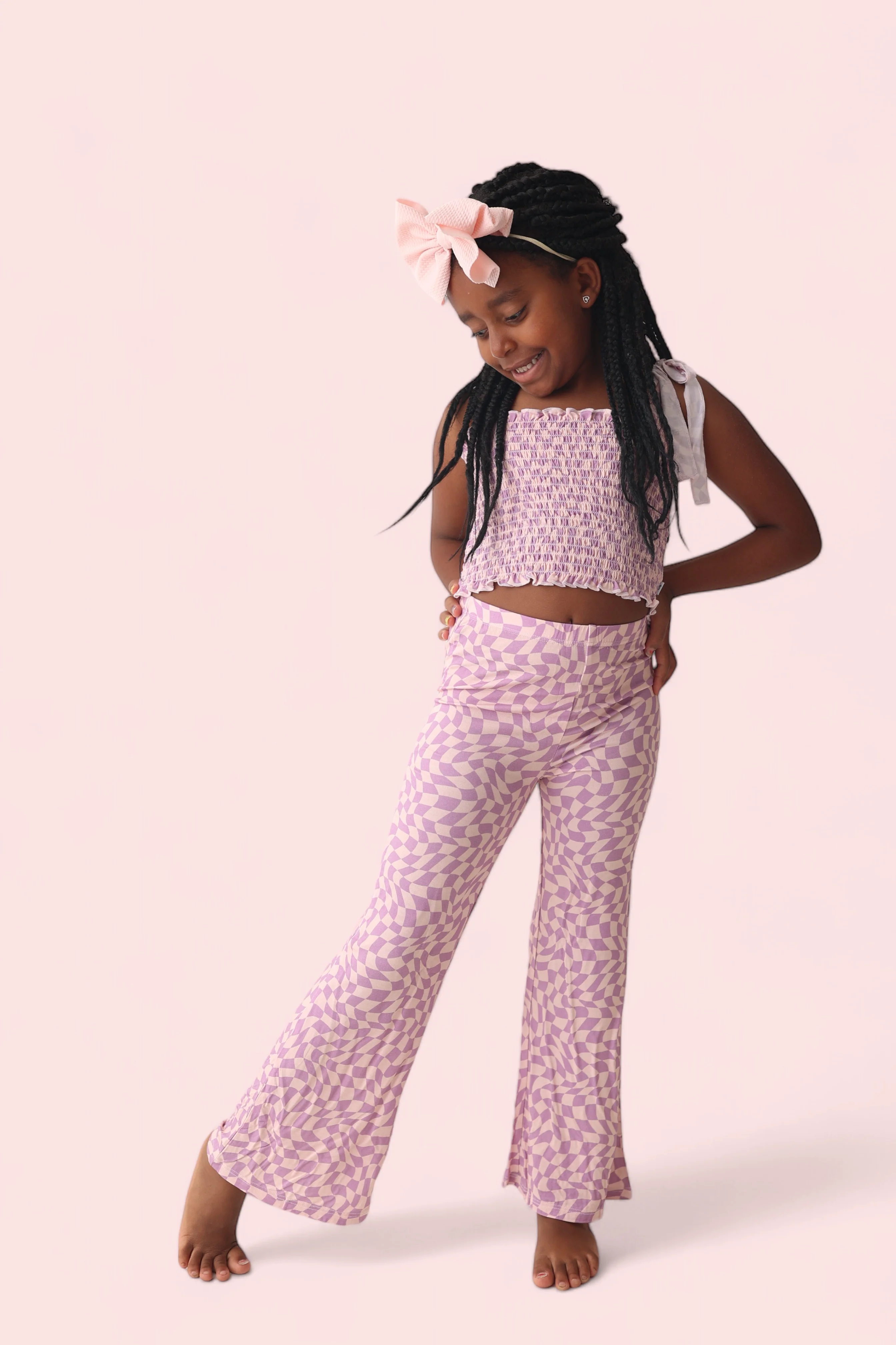 PLUM WAVY CHECKERS DREAM SMOCKED FLARE SET - Image 4