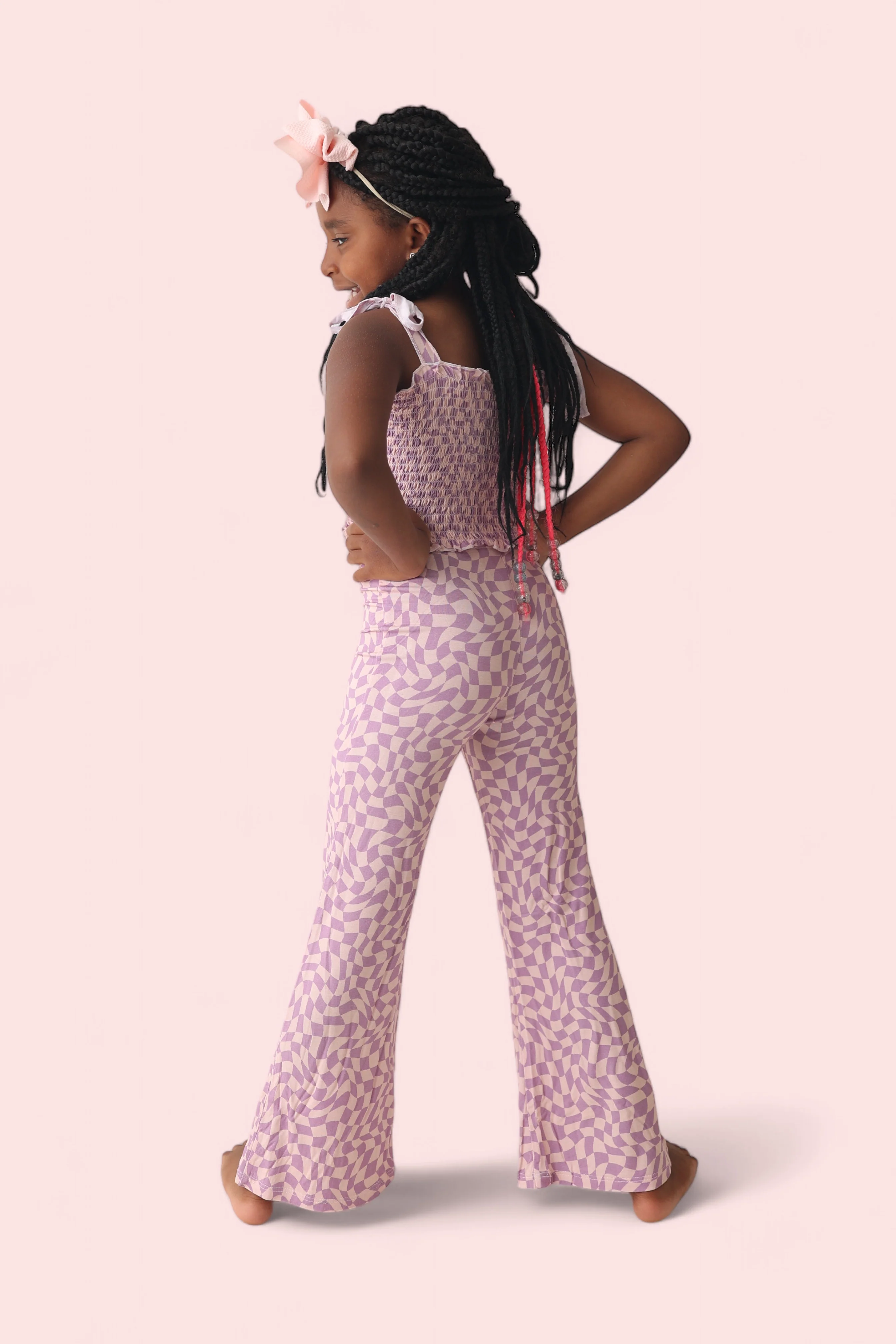 PLUM WAVY CHECKERS DREAM SMOCKED FLARE SET - Image 6
