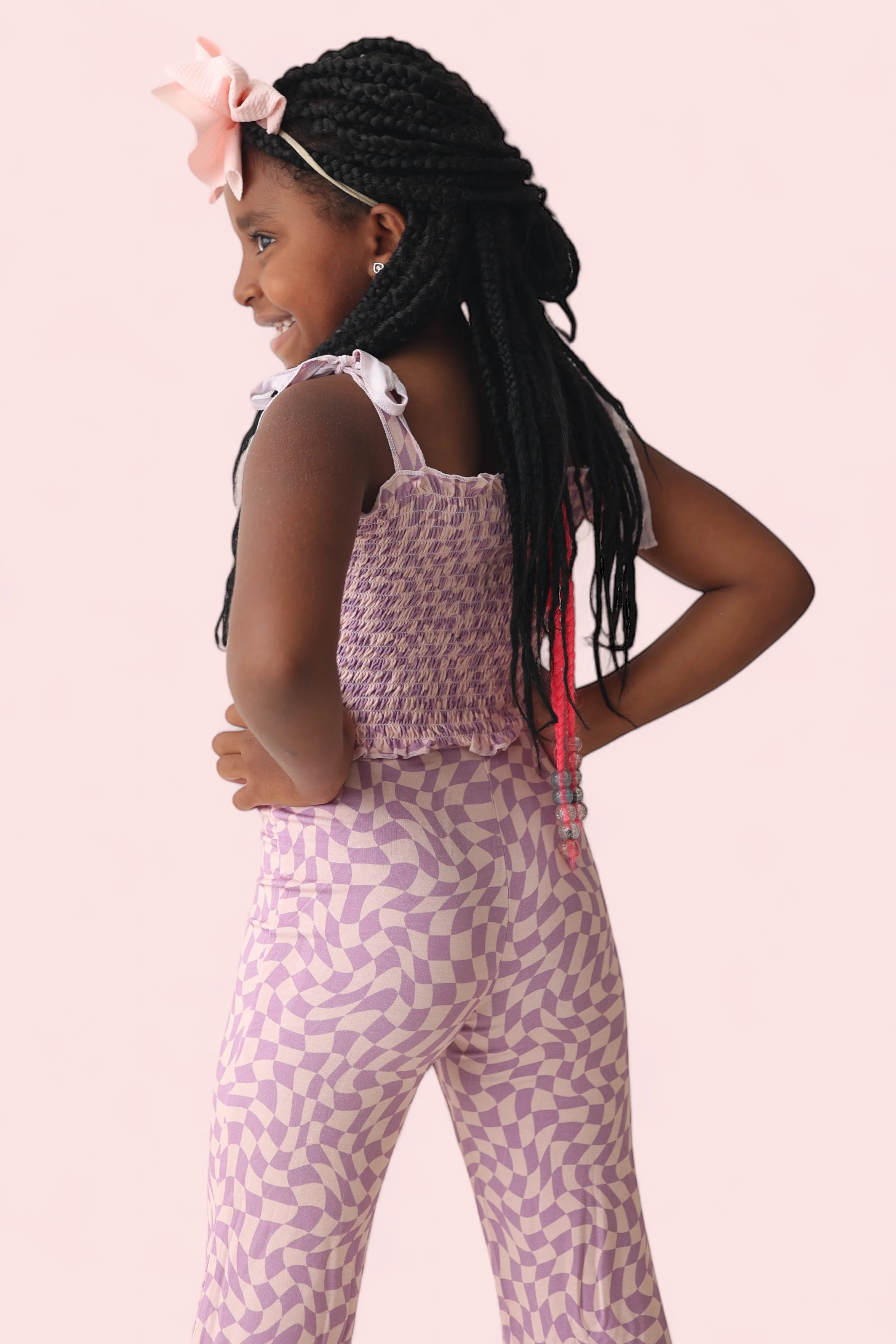 PLUM WAVY CHECKERS DREAM SMOCKED FLARE SET - Image 7