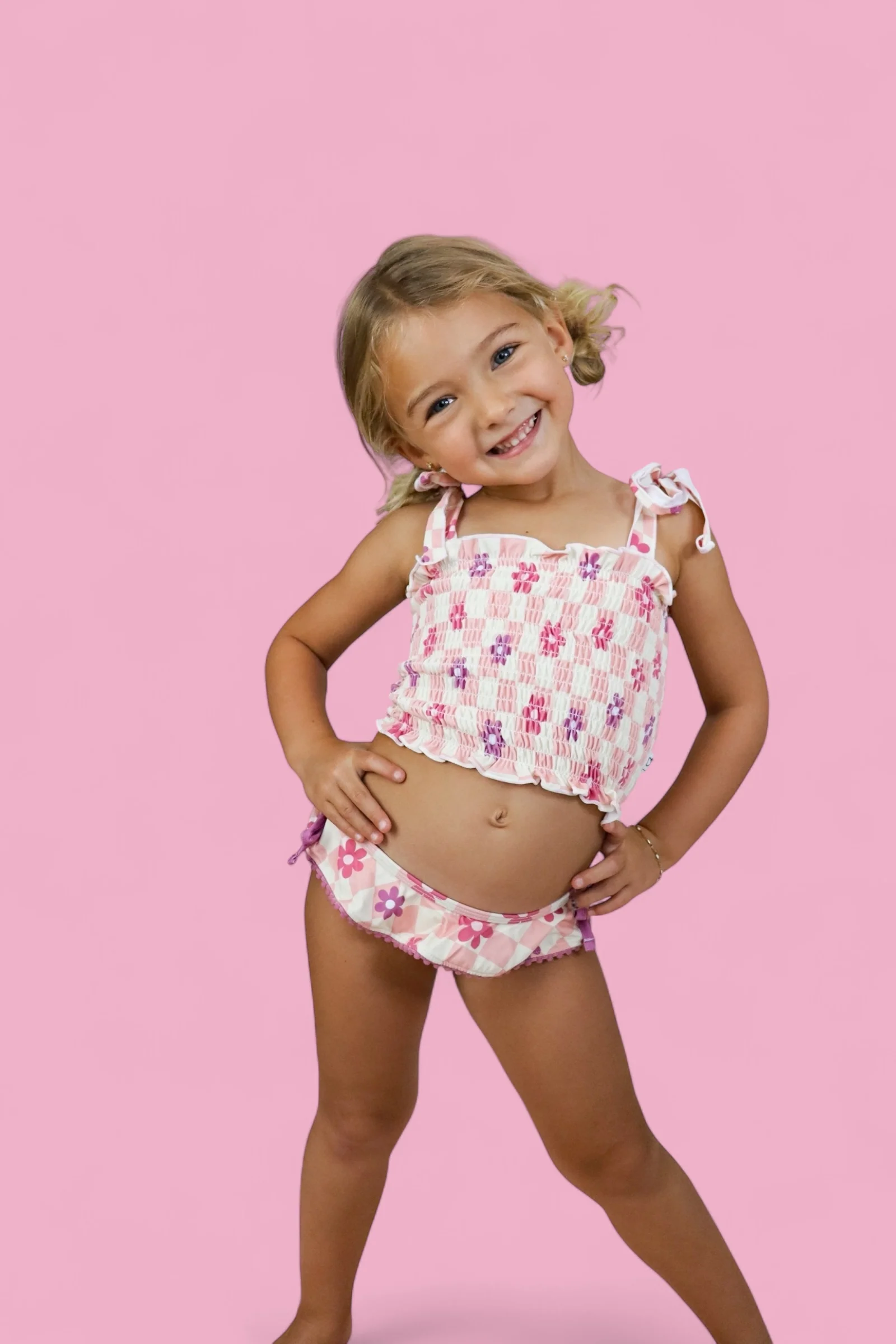 WAVY DAISY CHECKERS DREAM SMOCKED TANKINI TWO-PIECE SWIM SUIT