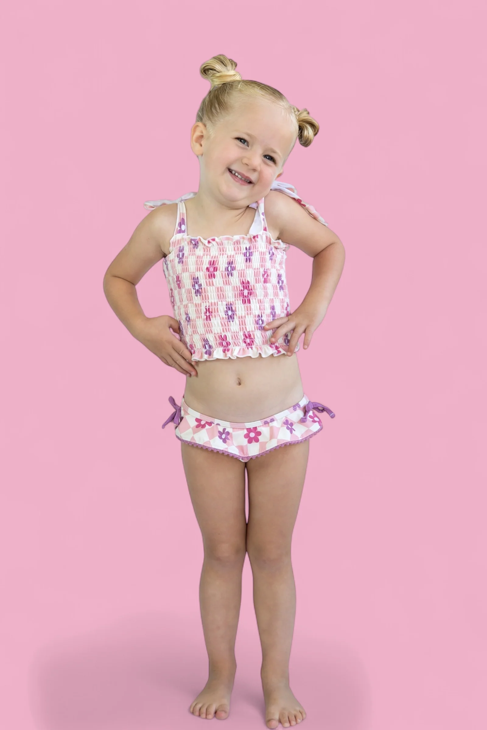 WAVY DAISY CHECKERS DREAM SMOCKED TANKINI TWO-PIECE SWIM SUIT - Image 16