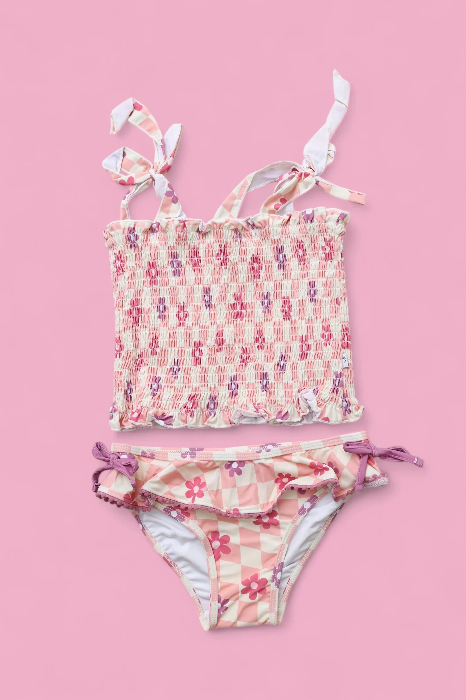 WAVY DAISY CHECKERS DREAM SMOCKED TANKINI TWO-PIECE SWIM SUIT - Image 2
