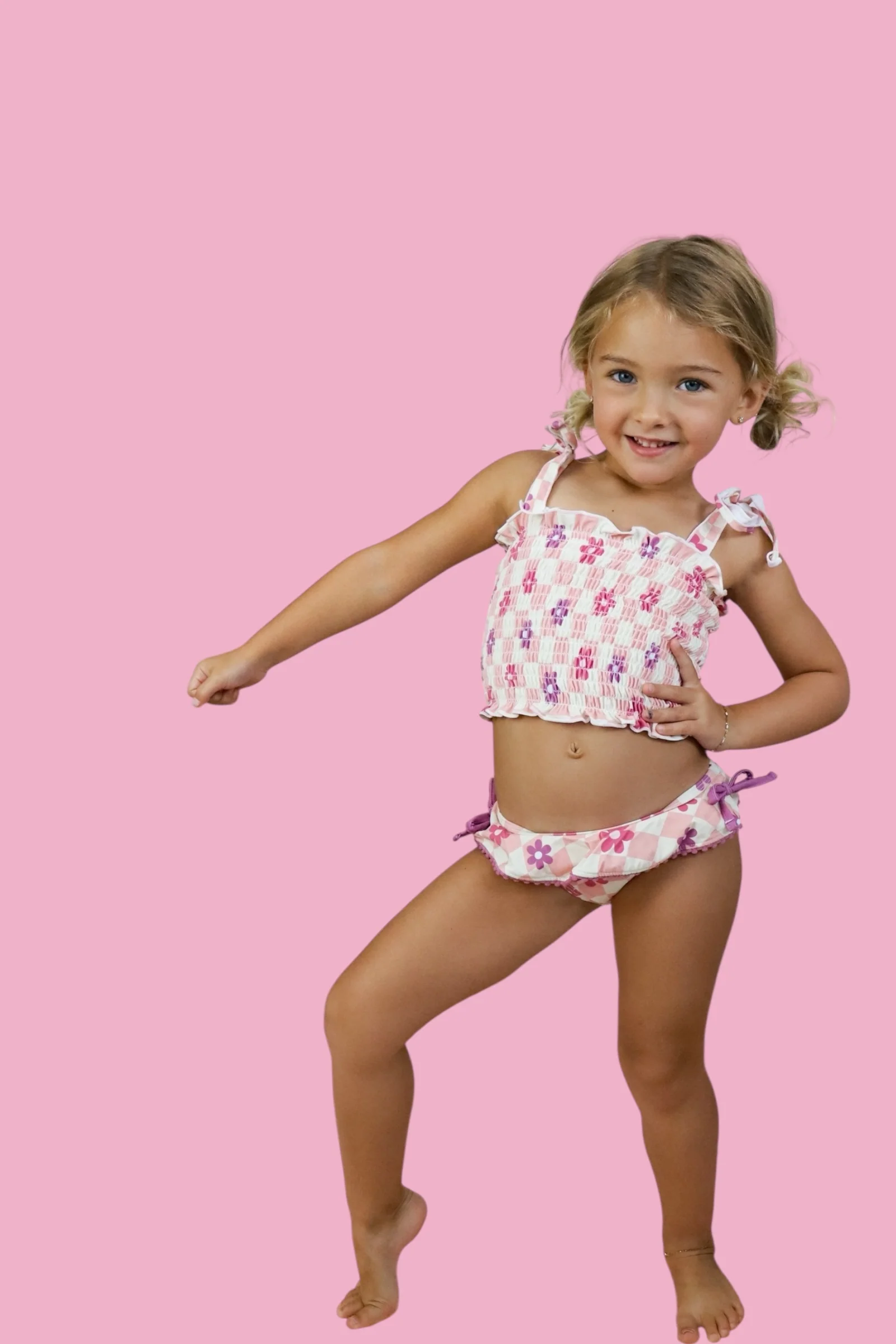 WAVY DAISY CHECKERS DREAM SMOCKED TANKINI TWO-PIECE SWIM SUIT - Image 5
