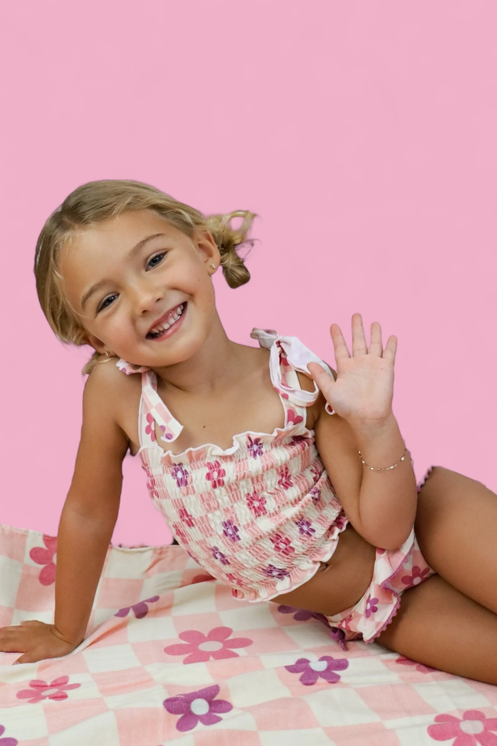 WAVY DAISY CHECKERS DREAM SMOCKED TANKINI TWO-PIECE SWIM SUIT - Image 6