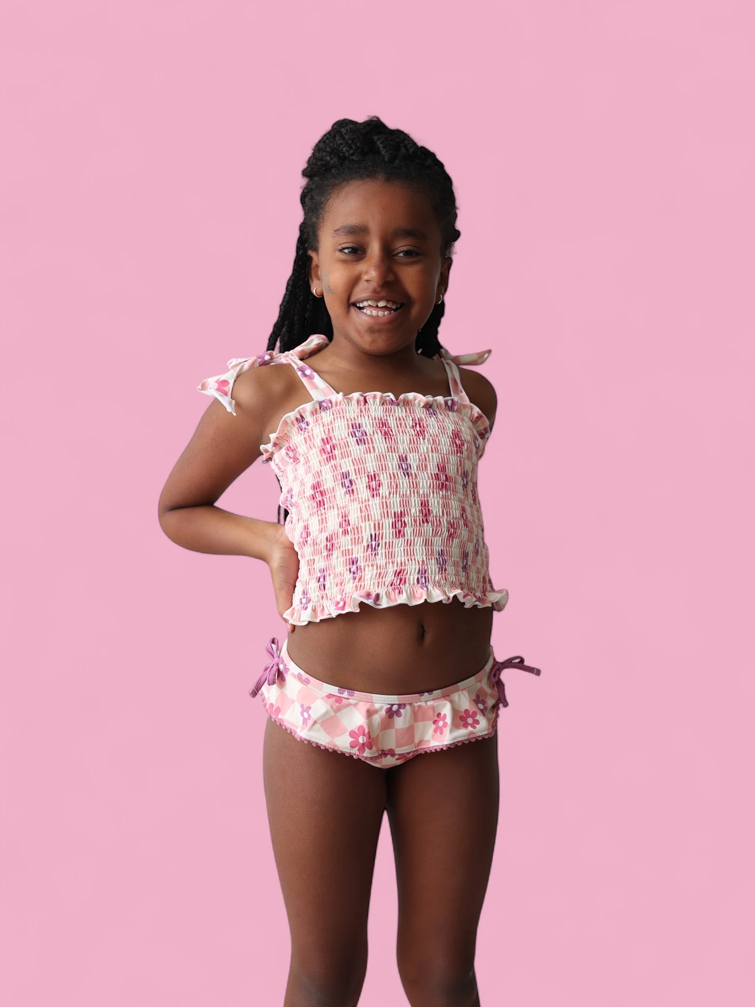 WAVY DAISY CHECKERS DREAM SMOCKED TANKINI TWO-PIECE SWIM SUIT - Image 7