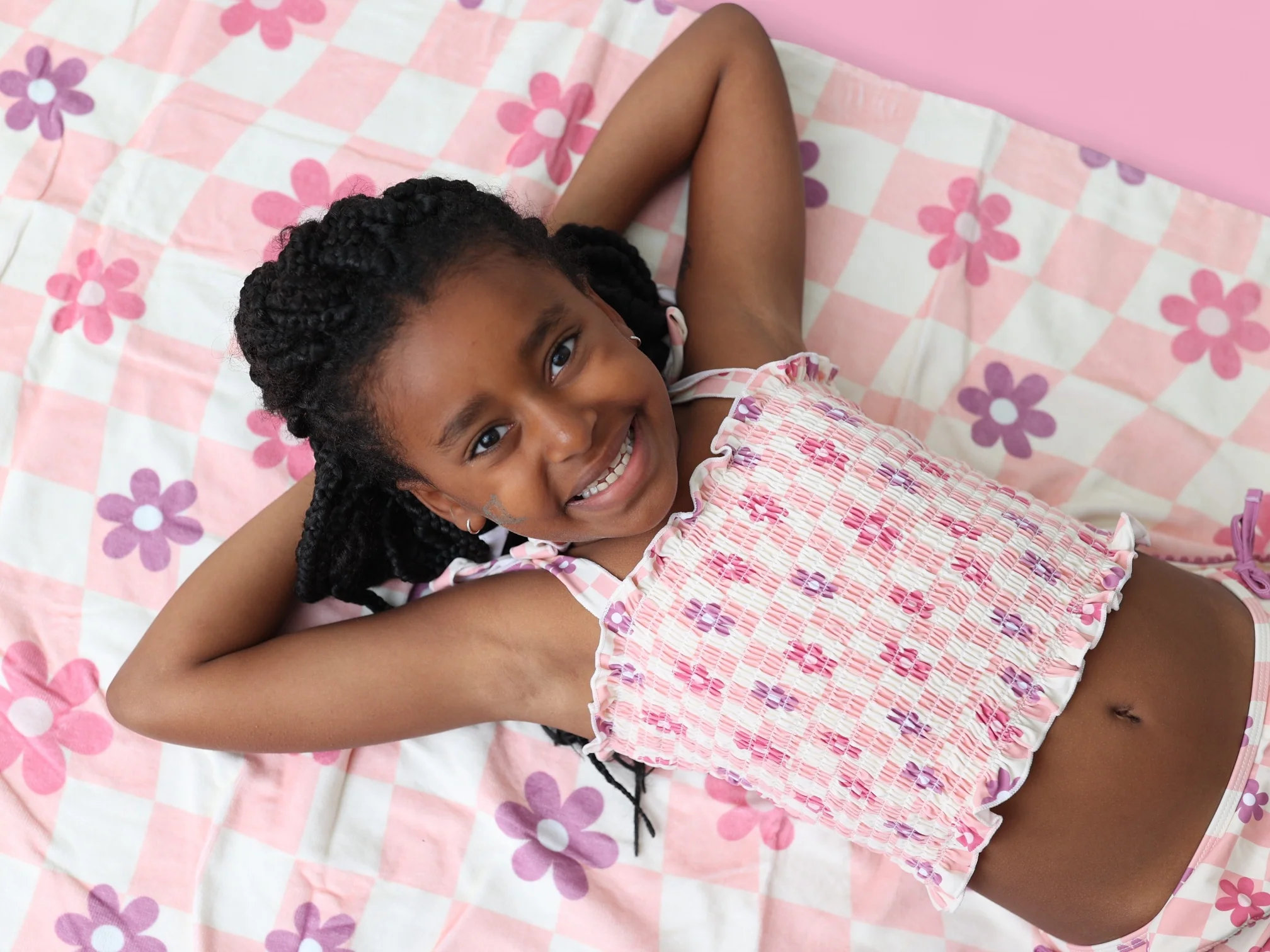 WAVY DAISY CHECKERS DREAM SMOCKED TANKINI TWO-PIECE SWIM SUIT - Image 8